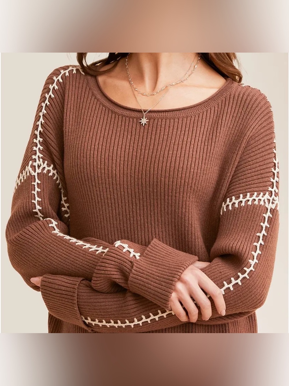 Promesa Brown Ribbed Crew Sweater with Cream Contrast Stitching